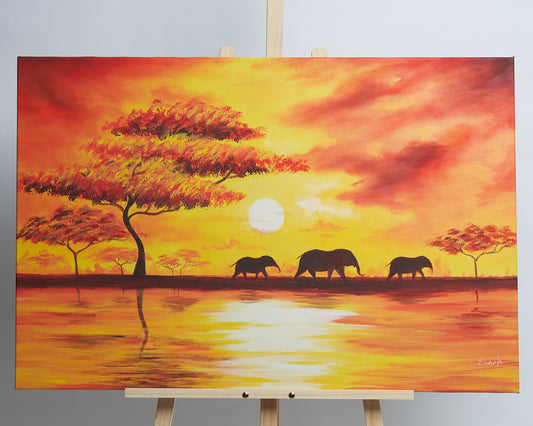 Bright sunset with Elephants